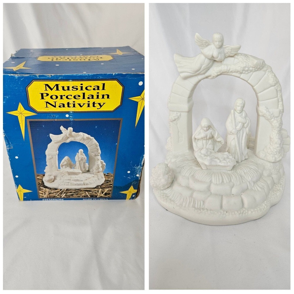 White Porcelain Bisque Christmas Nativity Scene Decor Plays Silent Night Music